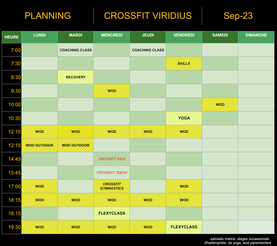planning crossfit horaires cours yoga fitness